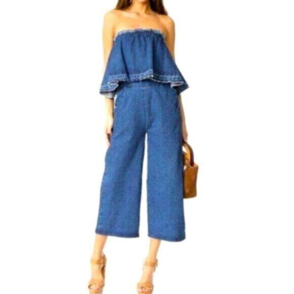 Anthropologie | Women's Blue Hei Hei Denim Strapless Romper Size Medium - Picture 1 of 15